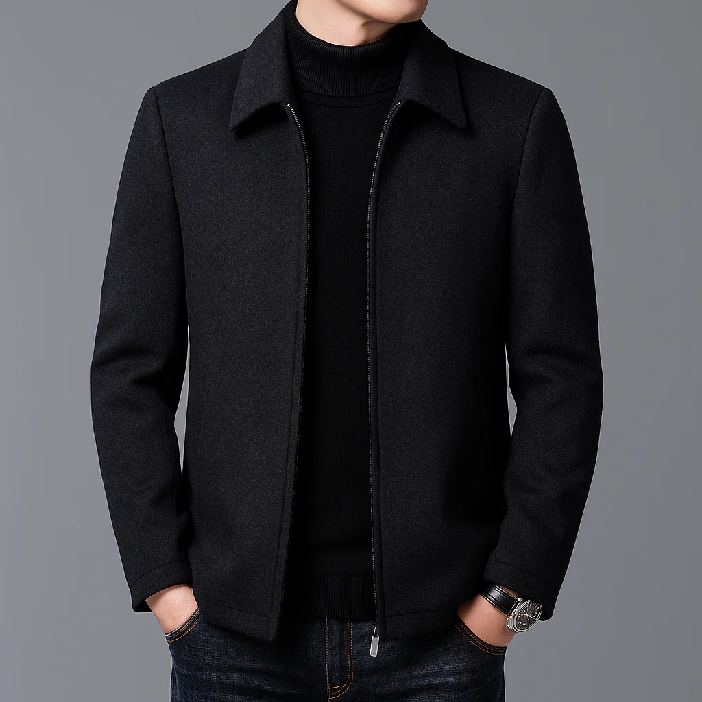Men's black slim fit wool jacket with spread collar