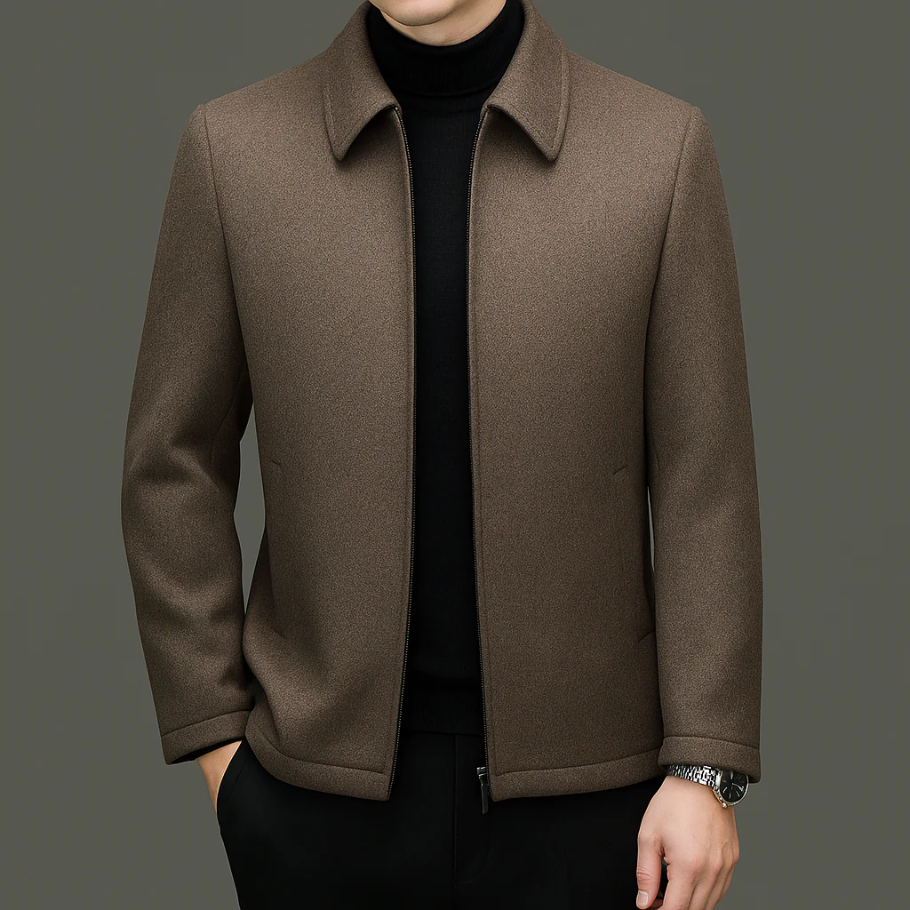Men's brown slim fit wool jacket with spread collar