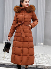 Violet | Women's Belted Hooded Puffer Coat, Long Quilted Jacket