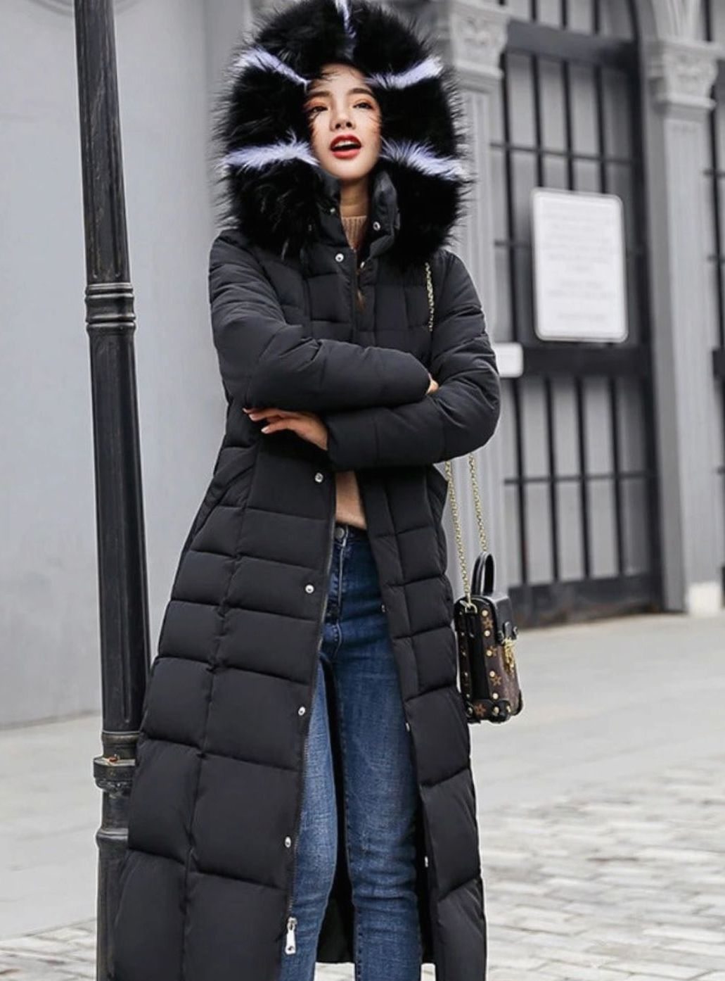 Black Belted hooded puffer coat with long quilted jacket
