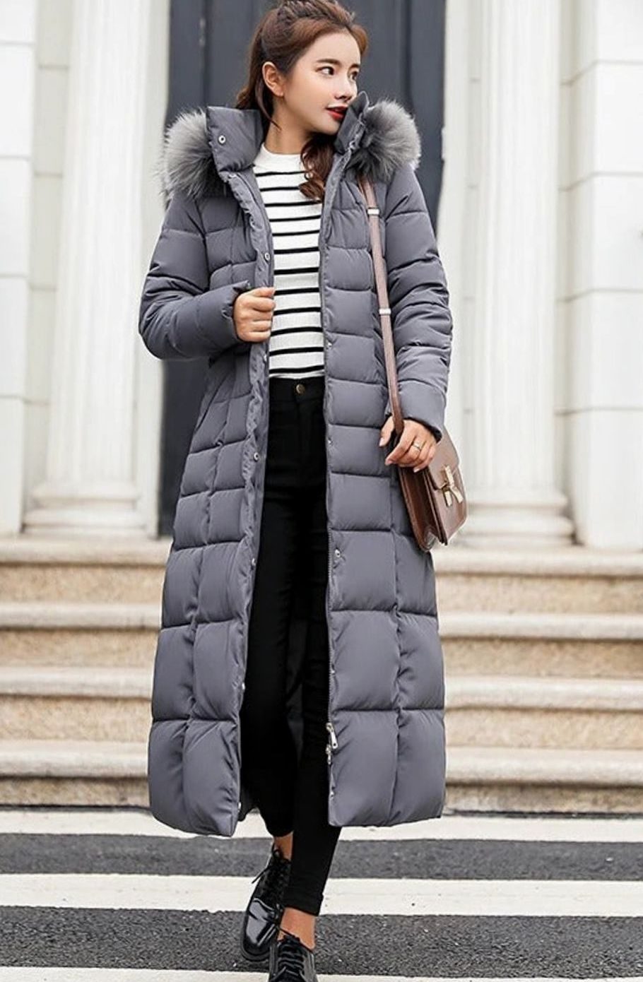 Dark Grey Belted hooded puffer coat with long quilted jacket