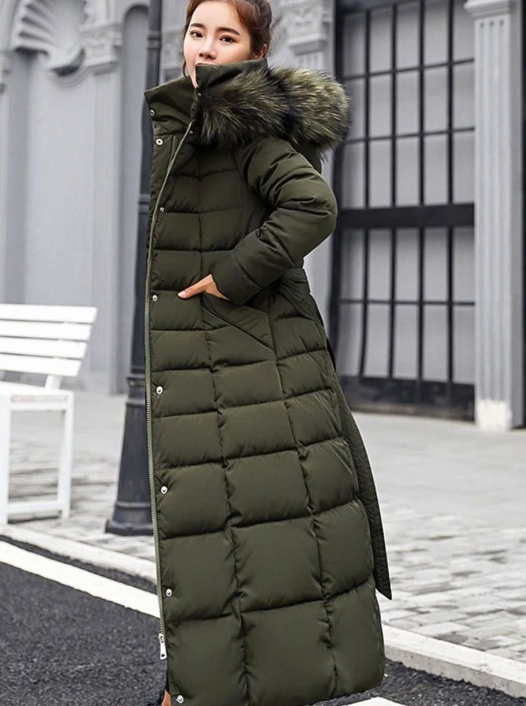 Army Green Belted hooded puffer coat with long quilted jacket