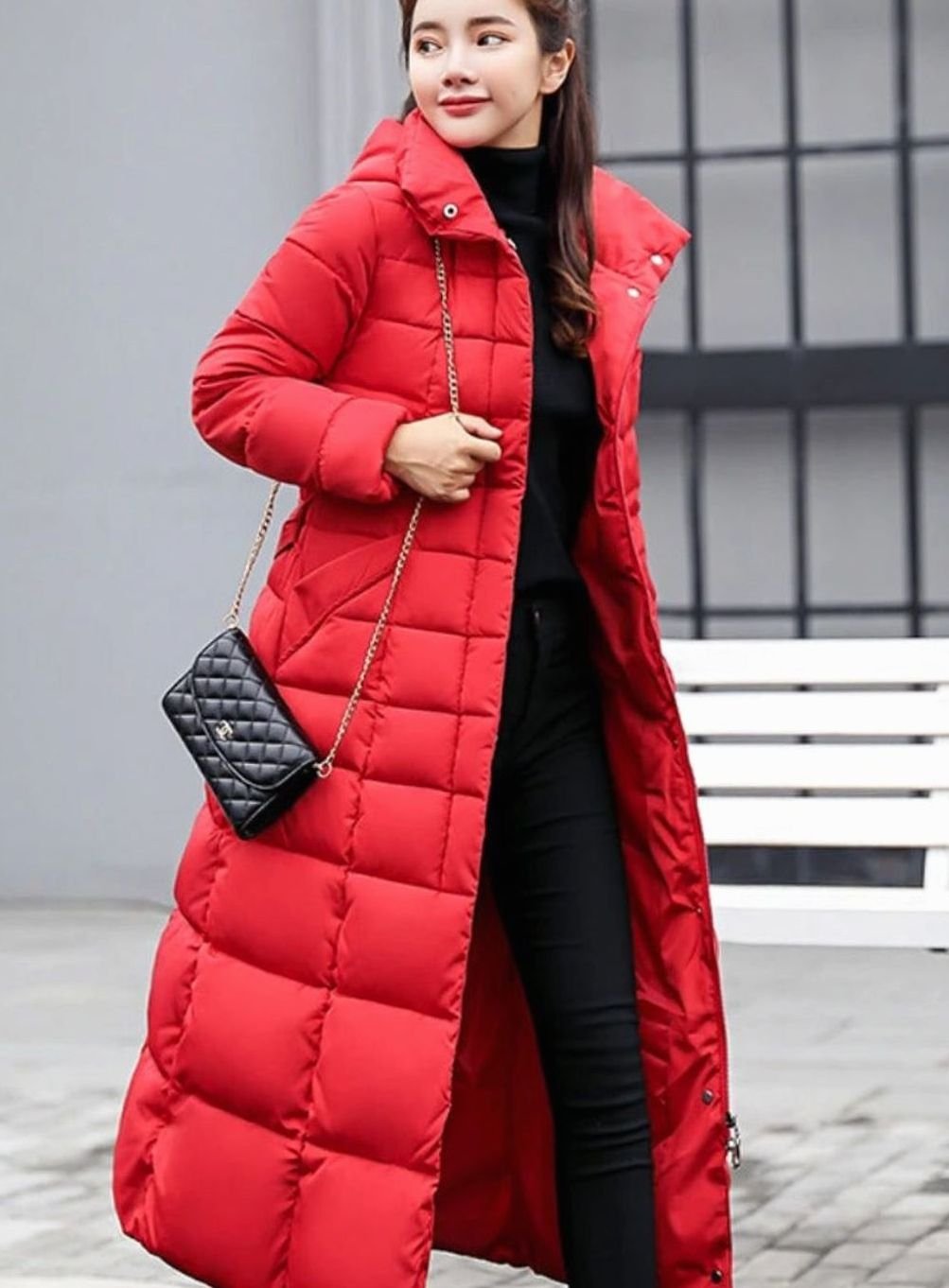 Red Belted hooded puffer coat with long quilted jacket