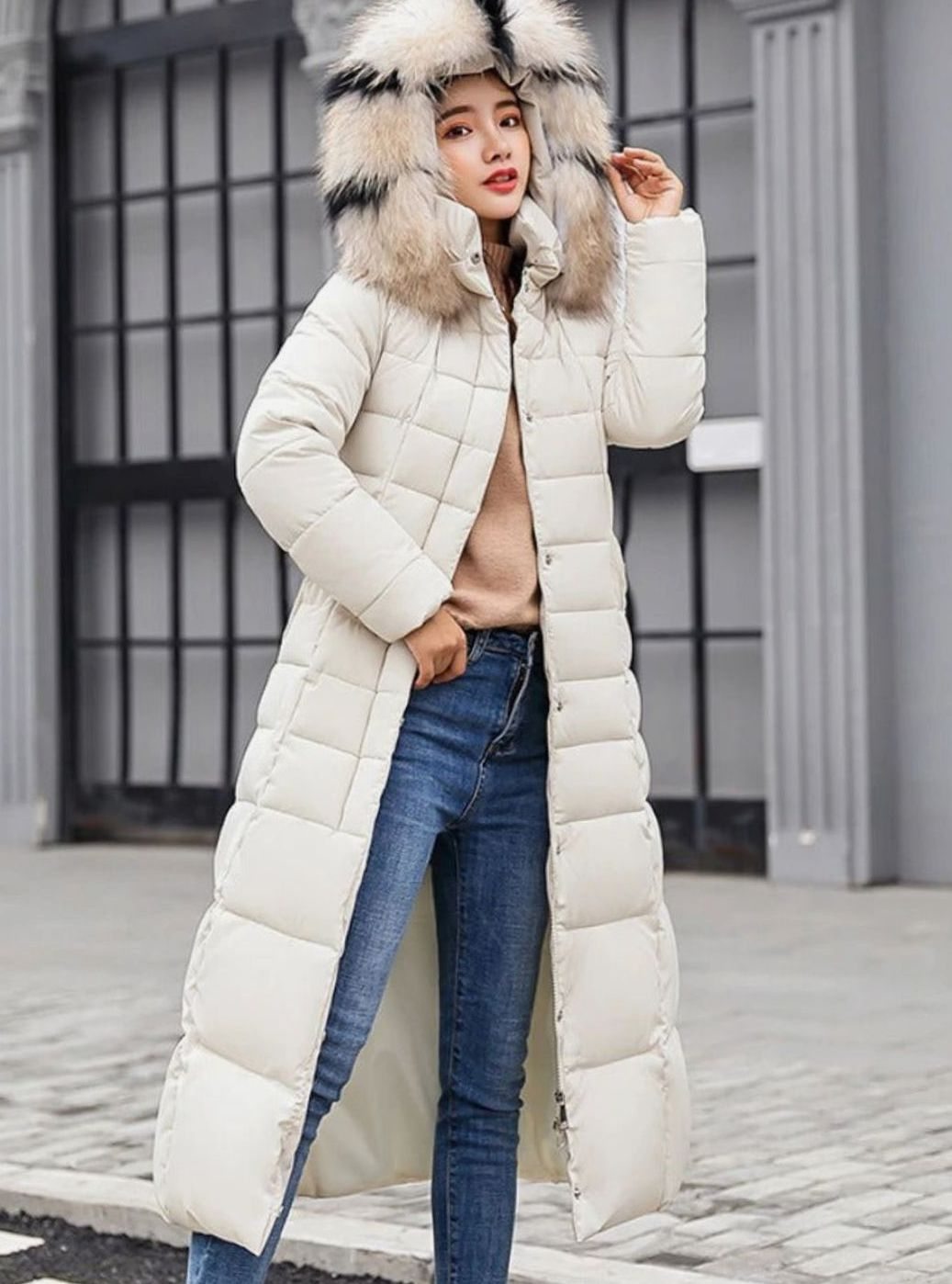 Off White Belted hooded puffer coat with long quilted jacket