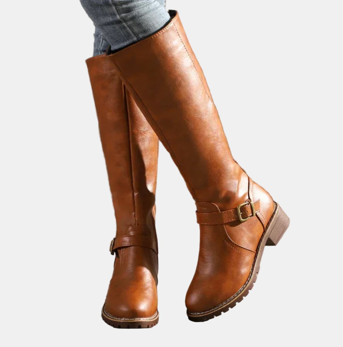 Brown Faux leather buckle knee-high boots for winter