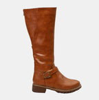 Brown Faux leather buckle knee-high boots for winter, product photo