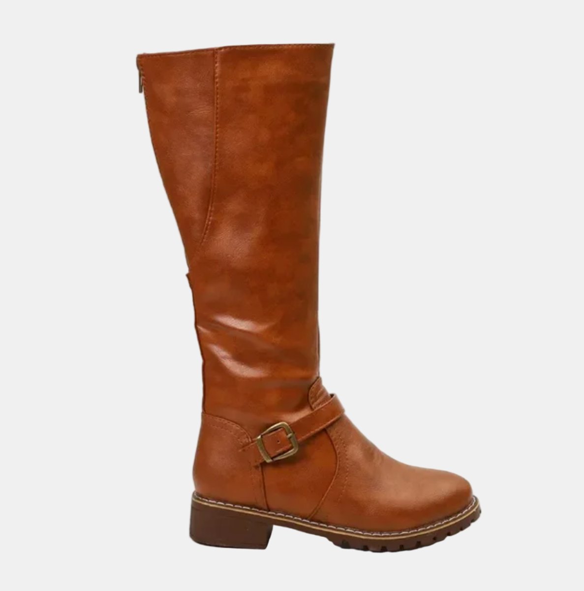 Brown Faux leather buckle knee-high boots for winter, product photo