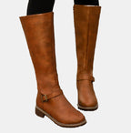 Product photo of the brown faux leather buckle knee-high boots for winter