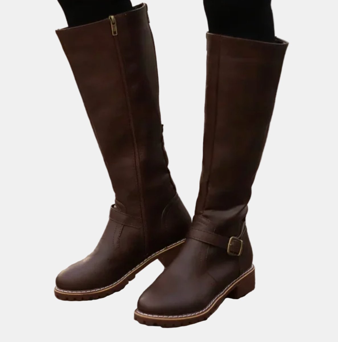 Brown Faux leather buckle knee-high boots for winter, styled product photo