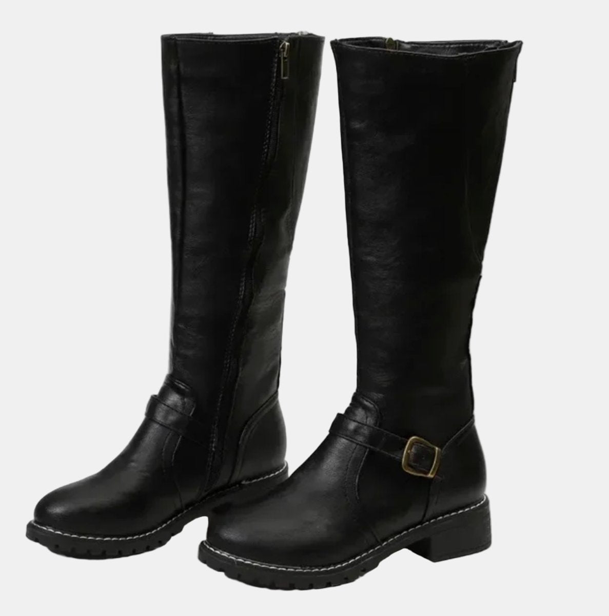 Black Faux leather buckle knee-high boots for winter