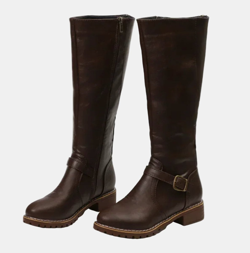 Brown Faux leather buckle knee-high boots for winter shown in a product photo