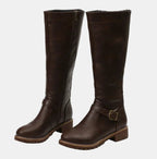 Brown Faux leather buckle knee-high boots for winter shown in a product photo