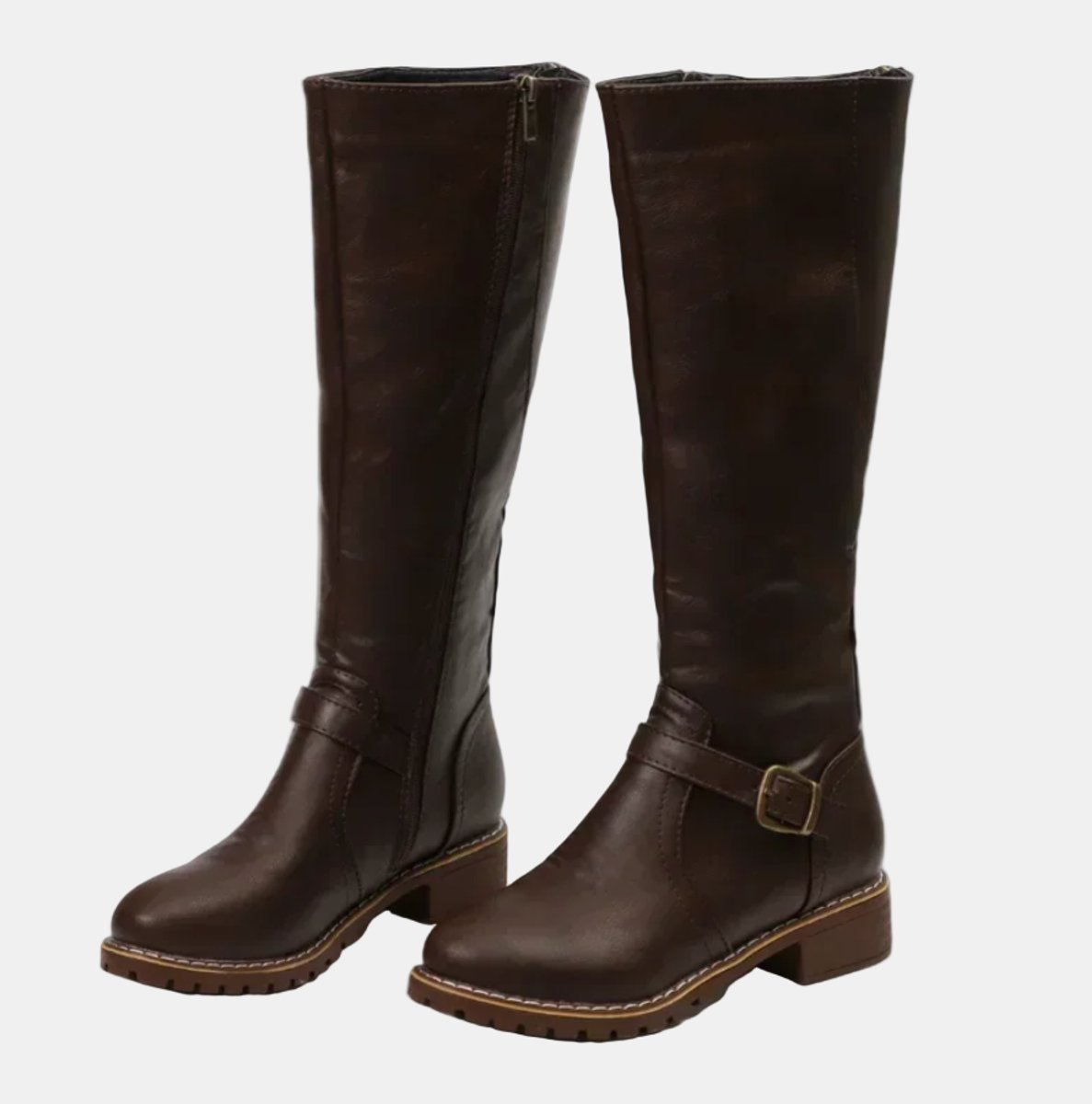 Brown Faux leather buckle knee-high boots for winter shown in a product photo