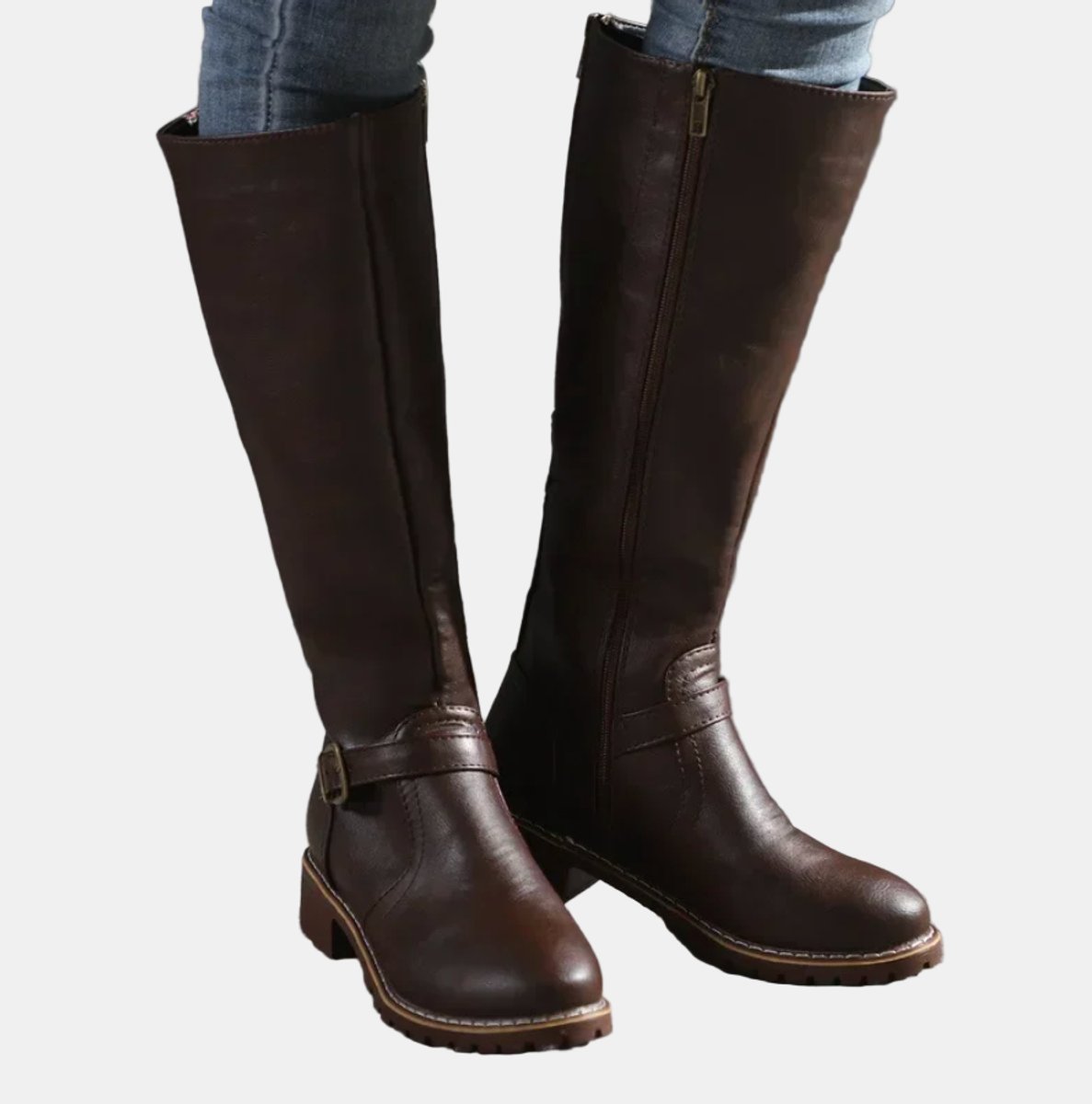 Dark Brown Faux leather buckle knee-high boots for winter