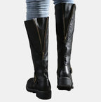 Product photo showing the brown faux leather buckle knee-high boots for winter