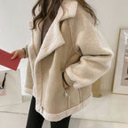 Beige Faux shearling relaxed-fit turn-down collar coat
