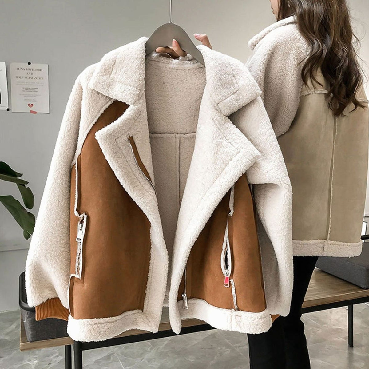 Brown Faux shearling relaxed-fit turn-down collar coat