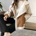 Beige Faux shearling relaxed-fit turn-down collar coat, product photo