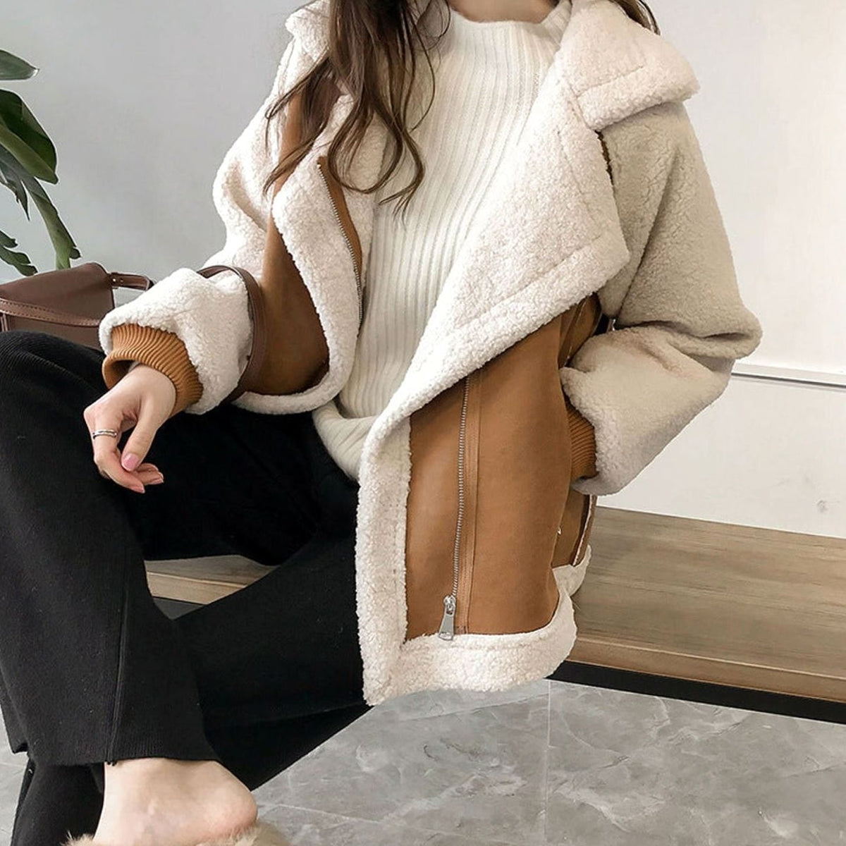 Beige Faux shearling relaxed-fit turn-down collar coat, product photo