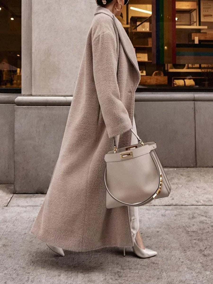 Khaki Oversized long wool blend lapel coat for winter, product photo