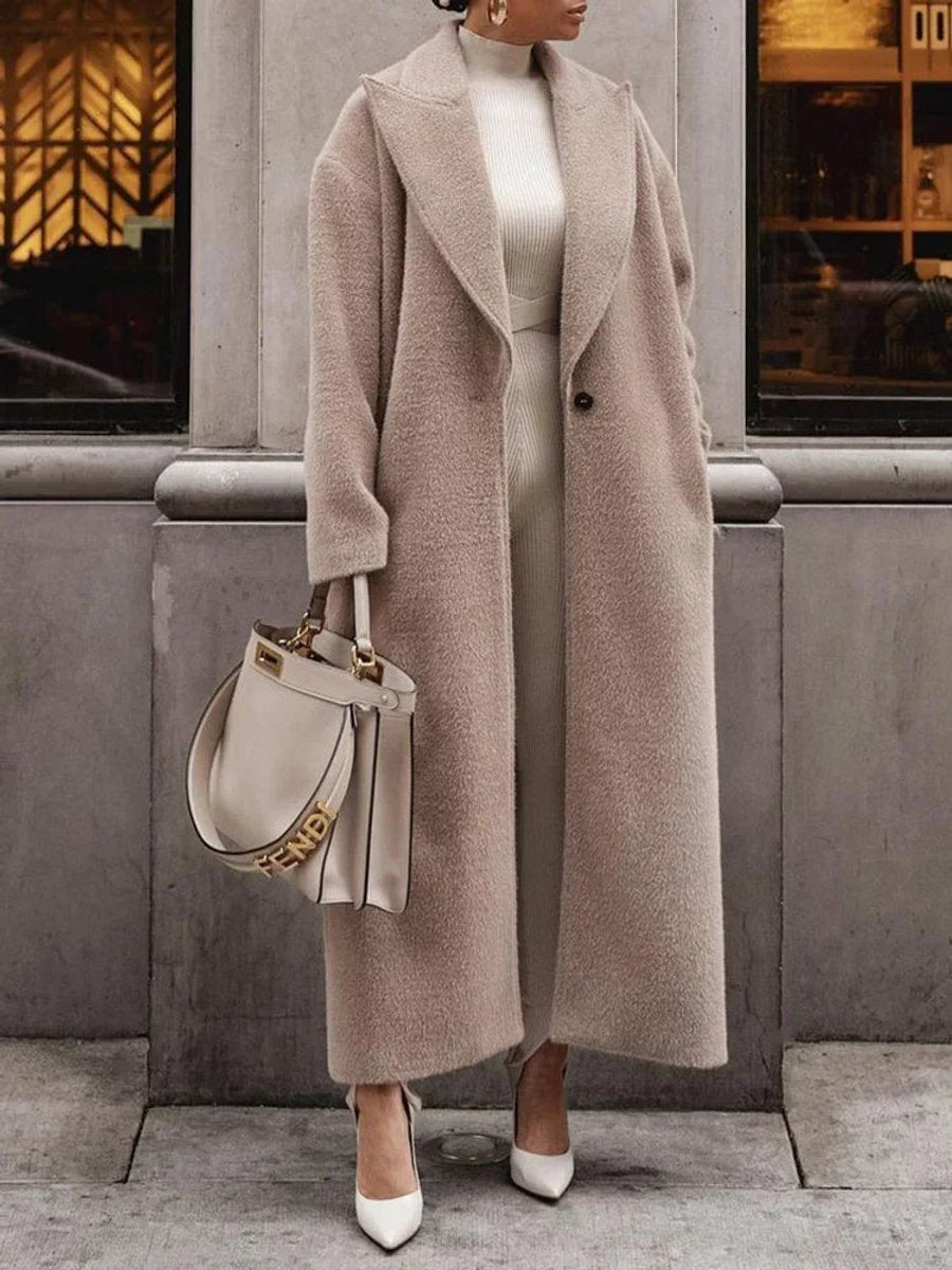 Product photo of the khaki oversized long wool blend lapel coat for winter