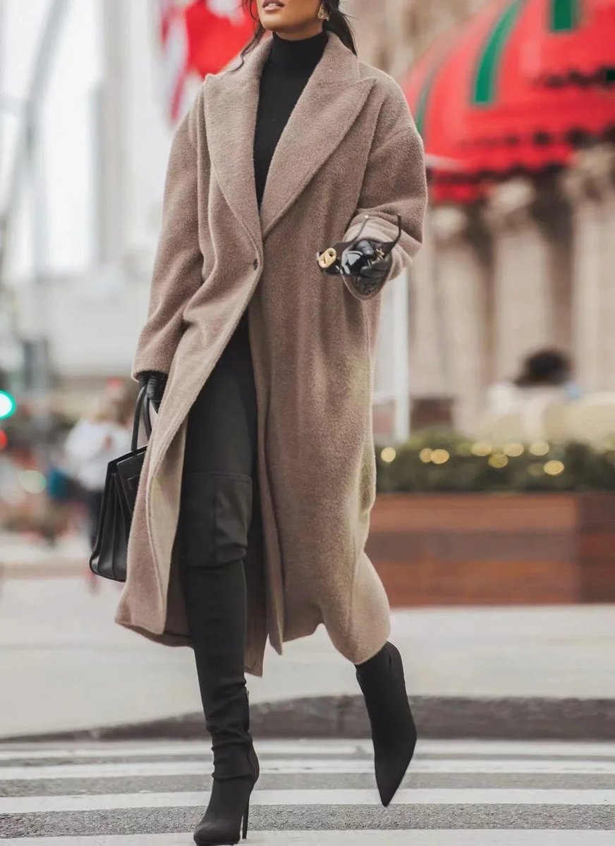 Khaki Oversized long wool blend lapel coat for winter, styled product photo