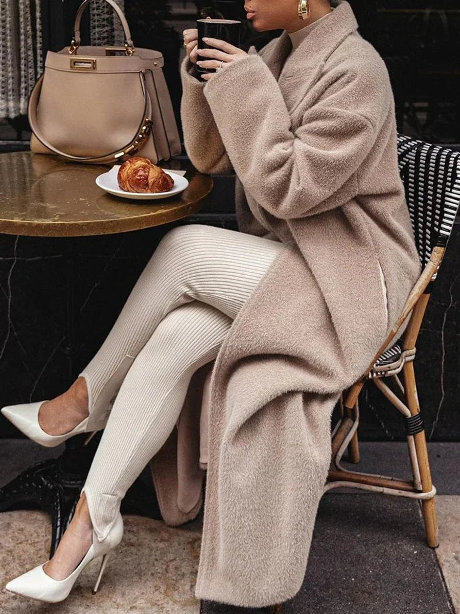 Khaki Oversized long wool blend lapel coat for winter shown in a product photo