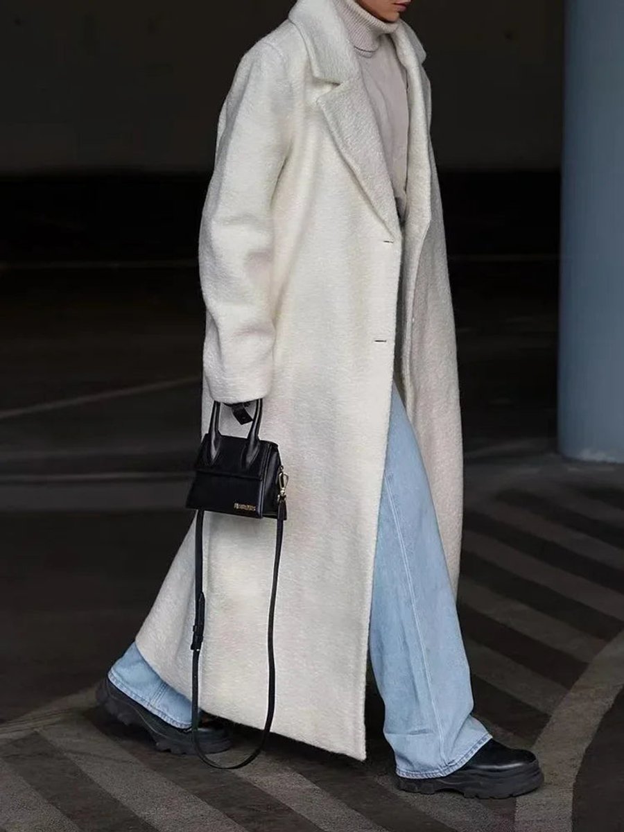 Product photo showing the khaki oversized long wool blend lapel coat for winter