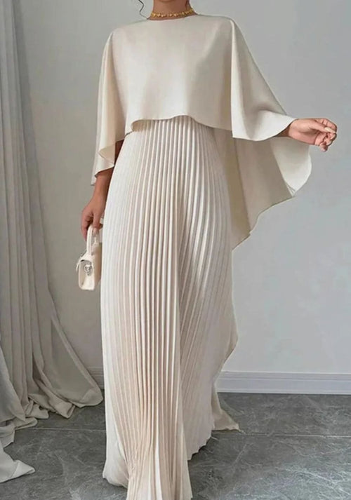 Women's pleated cape-overlay maxi dress in beige with a formal crew neckline