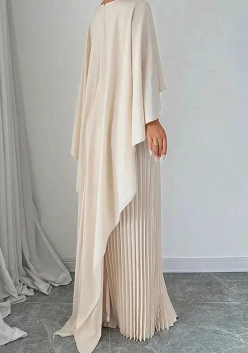 Women's pleated cape-overlay maxi dress in beige with a formal crew neckline