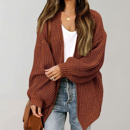 Coffee chunky knit cardigan with open front, relaxed oversized knitwear piece.