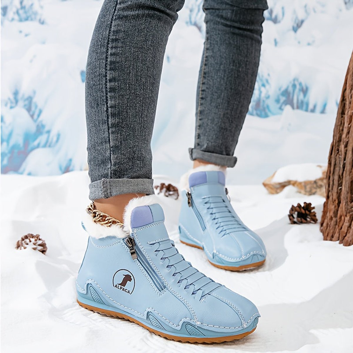 White Faux fur-lined lace-up winter ankle boots, product photo
