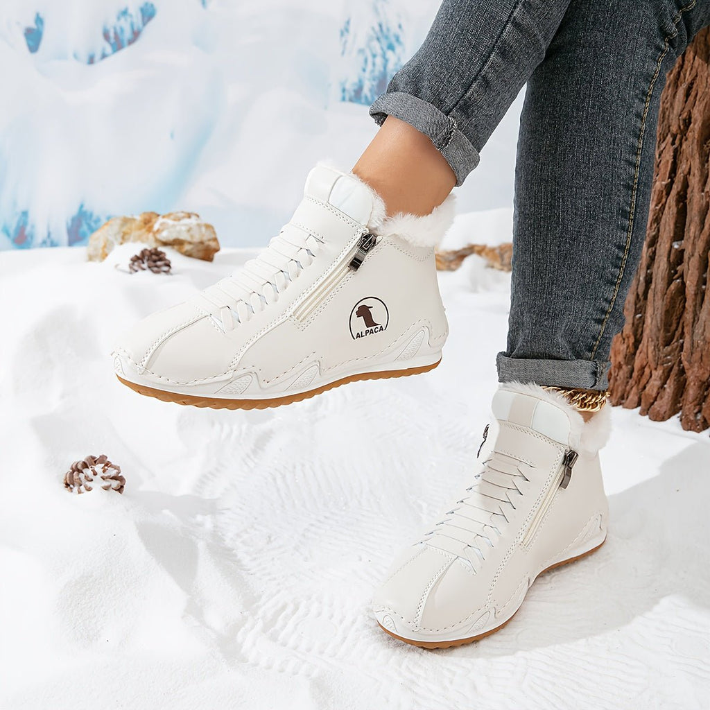 Product photo of the white faux fur-lined lace-up winter ankle boots