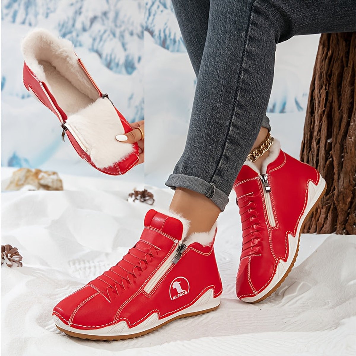 White Faux fur-lined lace-up winter ankle boots, styled product photo