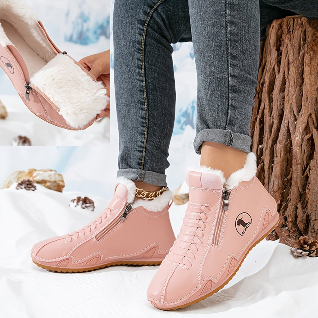 White Faux fur-lined lace-up winter ankle boots shown in a product photo