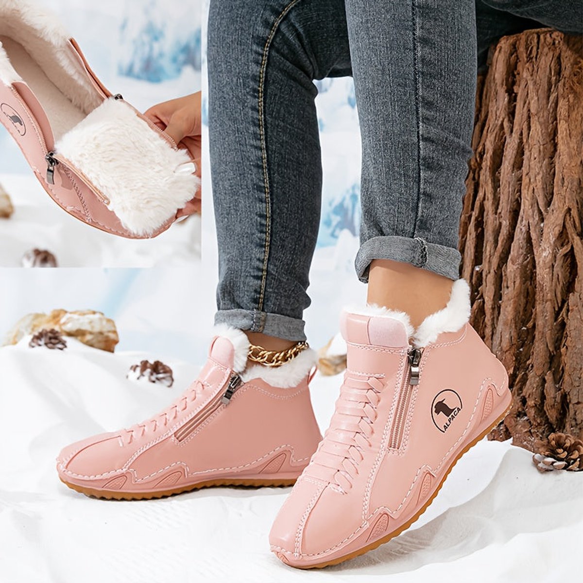 White Faux fur-lined lace-up winter ankle boots shown in a product photo