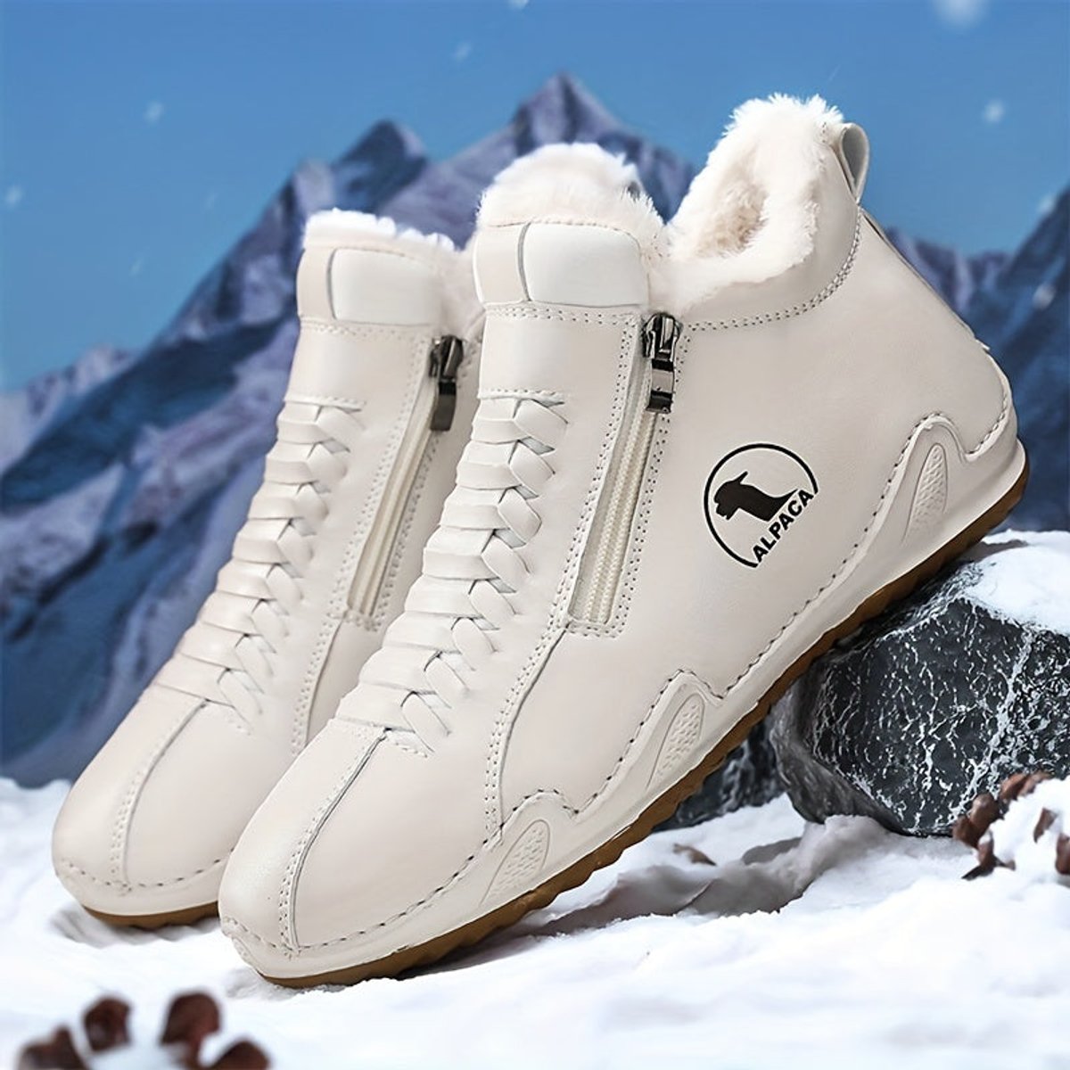 Product photo showing the white faux fur-lined lace-up winter ankle boots