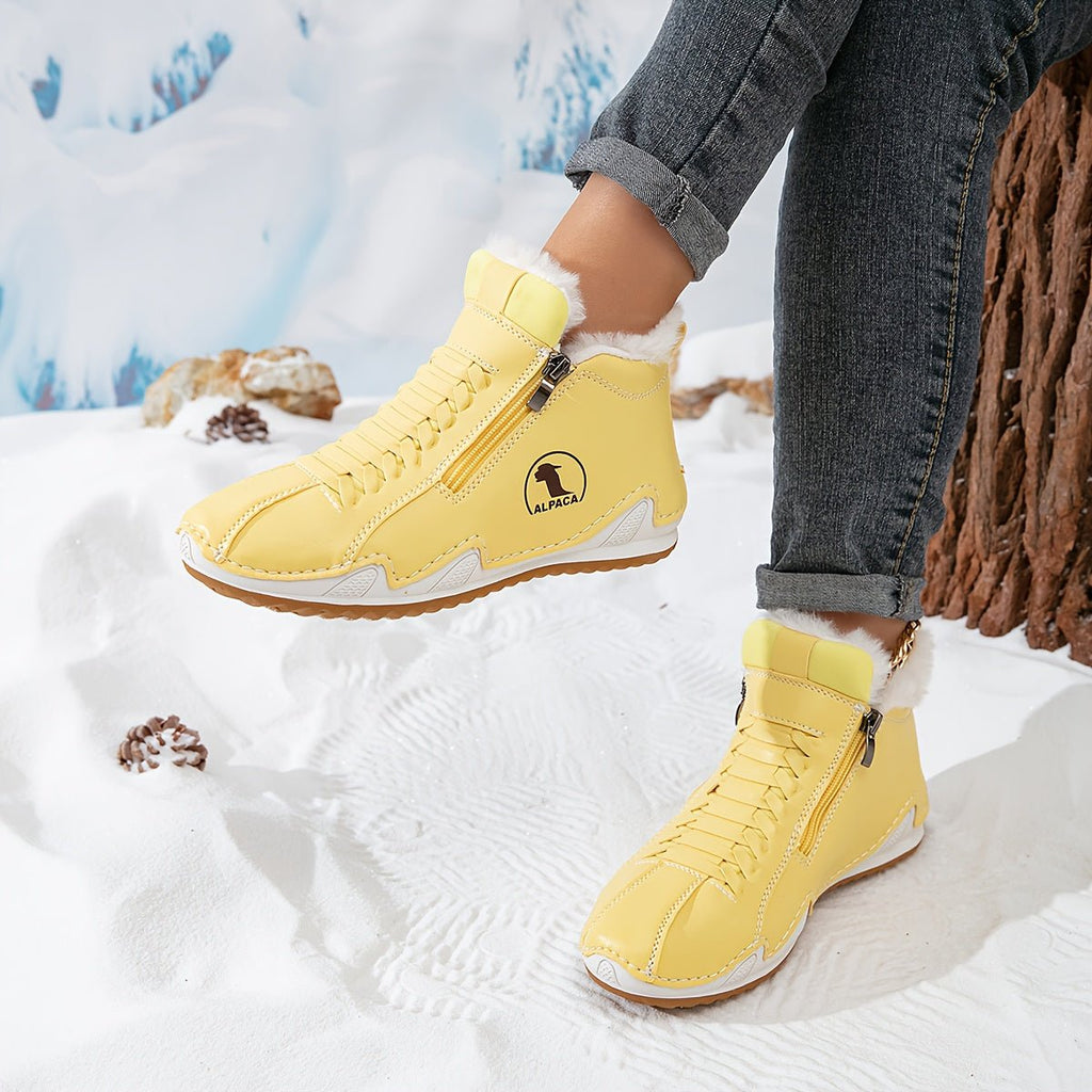 White Faux fur-lined lace-up winter ankle boots pictured against a plain background