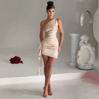 Product photo of the apricot one-shoulder draped satin cocktail dress