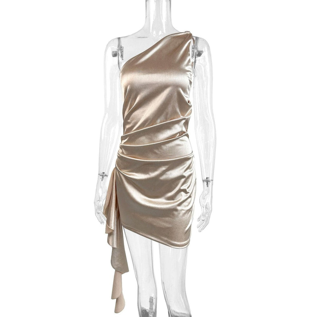 Apricot One-shoulder draped satin cocktail dress shown in a product photo