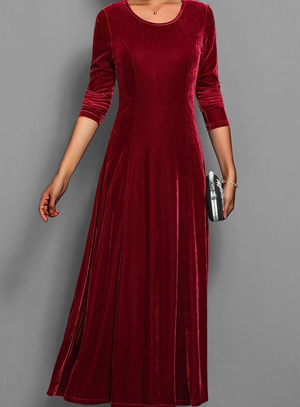 Red velvet long sleeve maxi dress for women, A-line formal party style