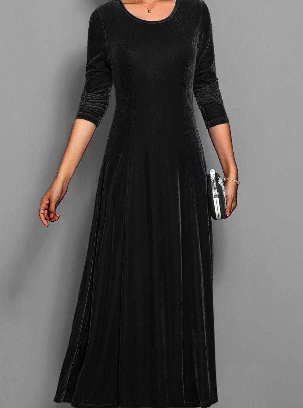Black velvet long sleeve maxi dress for women, A-line formal party style