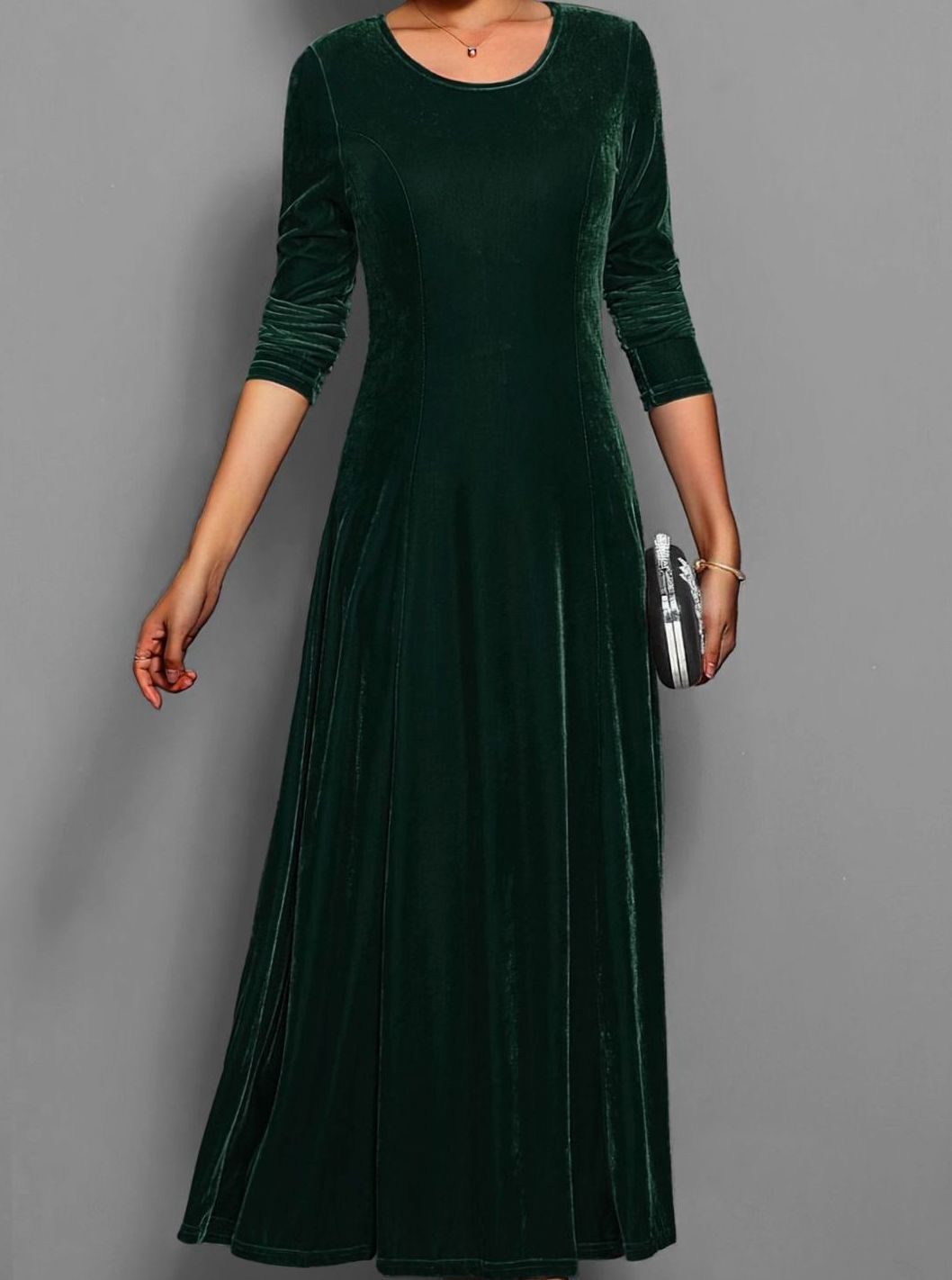 Dark green velvet long sleeve maxi dress for women, A-line party style