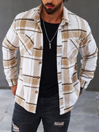 Men's plaid flannel overshirt in khaki with chest pockets