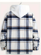 Men's plaid flannel overshirt in blue, back view showing the hood