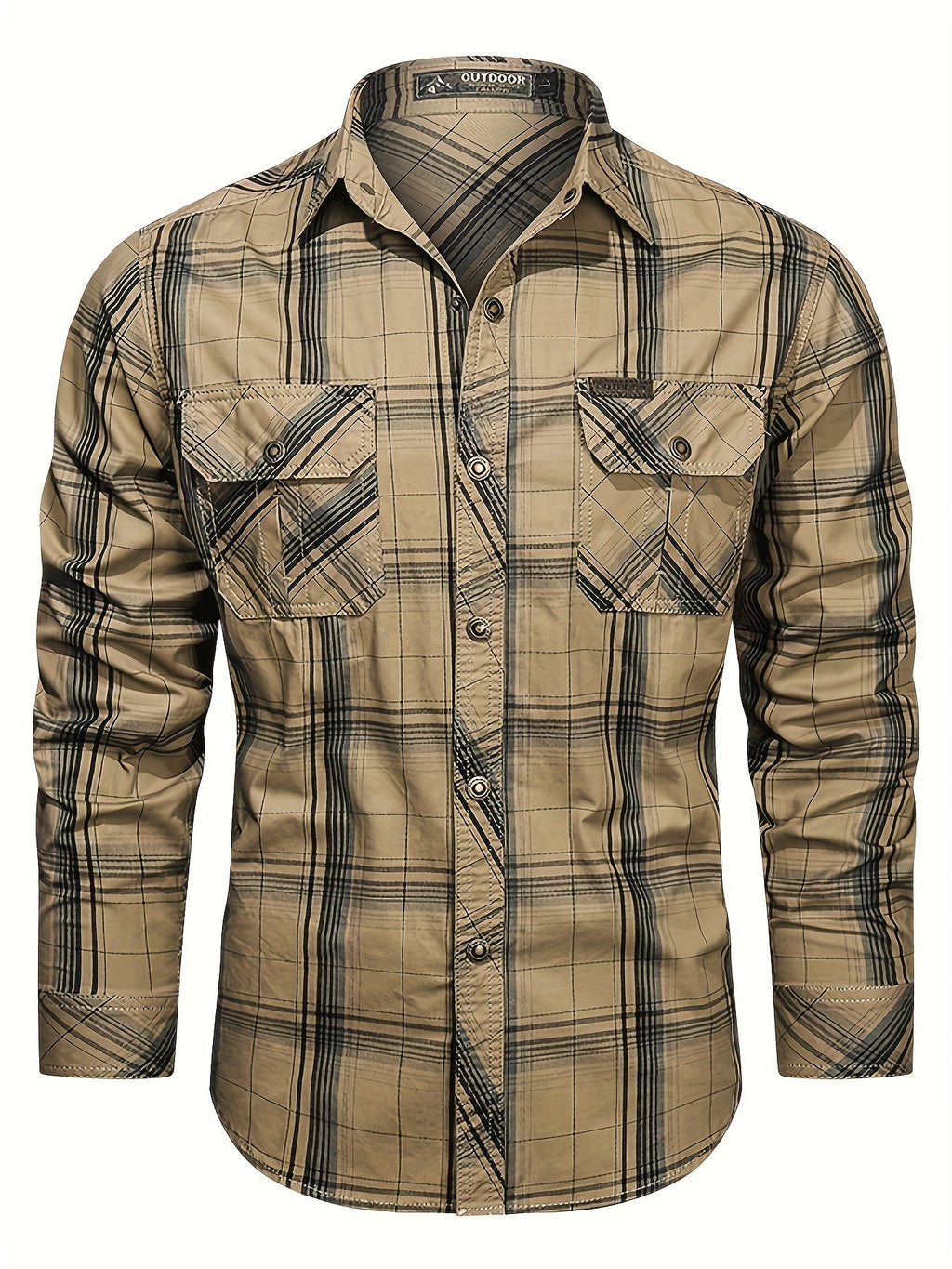 Men's vintage regular-fit shirt in khaki check with a chest front pocket