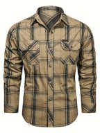 Men's vintage regular-fit shirt in khaki check with a chest front pocket