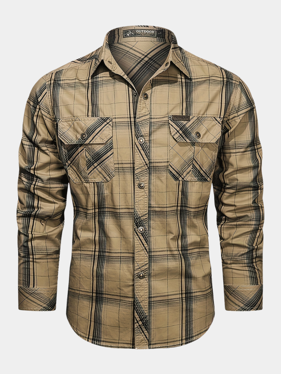 Men's vintage regular-fit shirt in khaki check with a chest front pocket