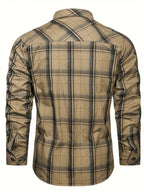 Men's vintage regular-fit shirt in khaki check with a chest front pocket