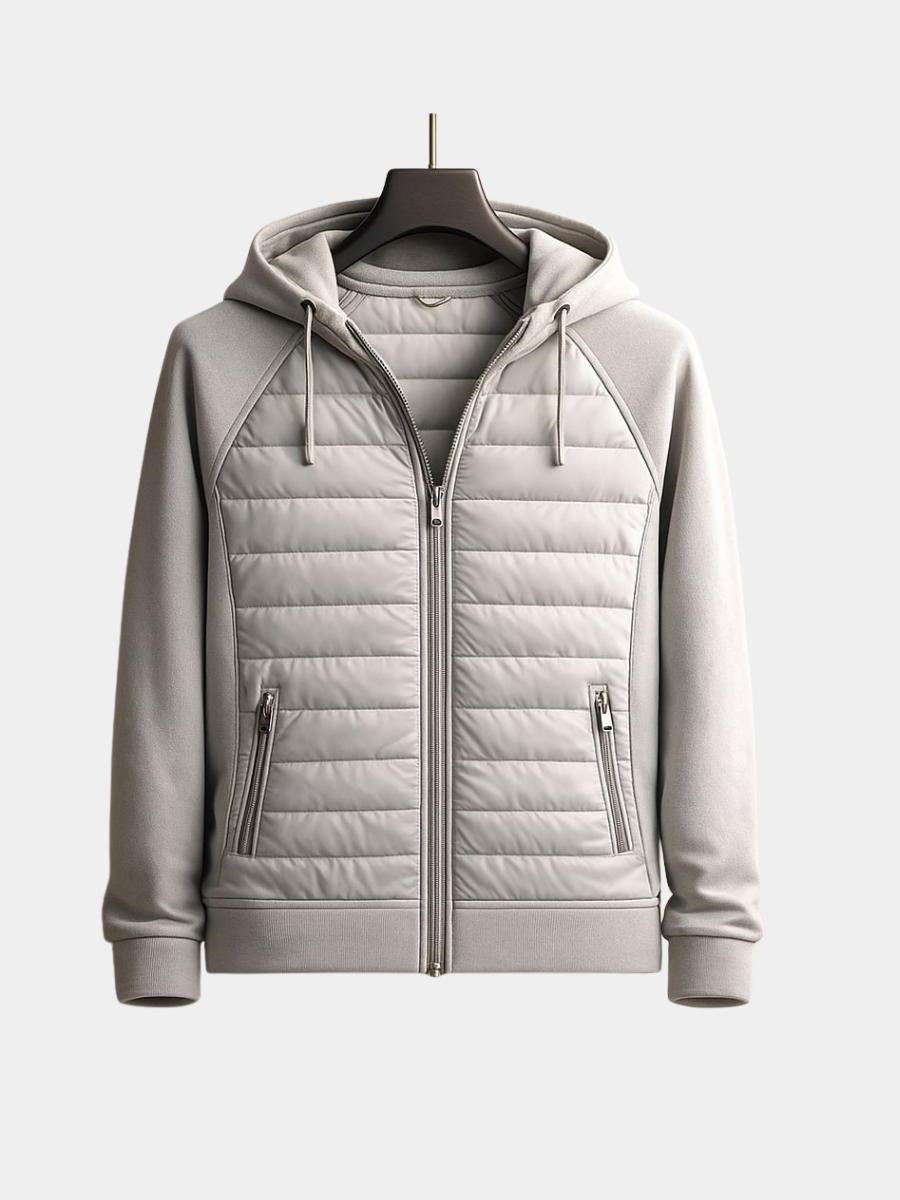 Men's grey quilted zip-up hoodie with an adjustable hood for autumn